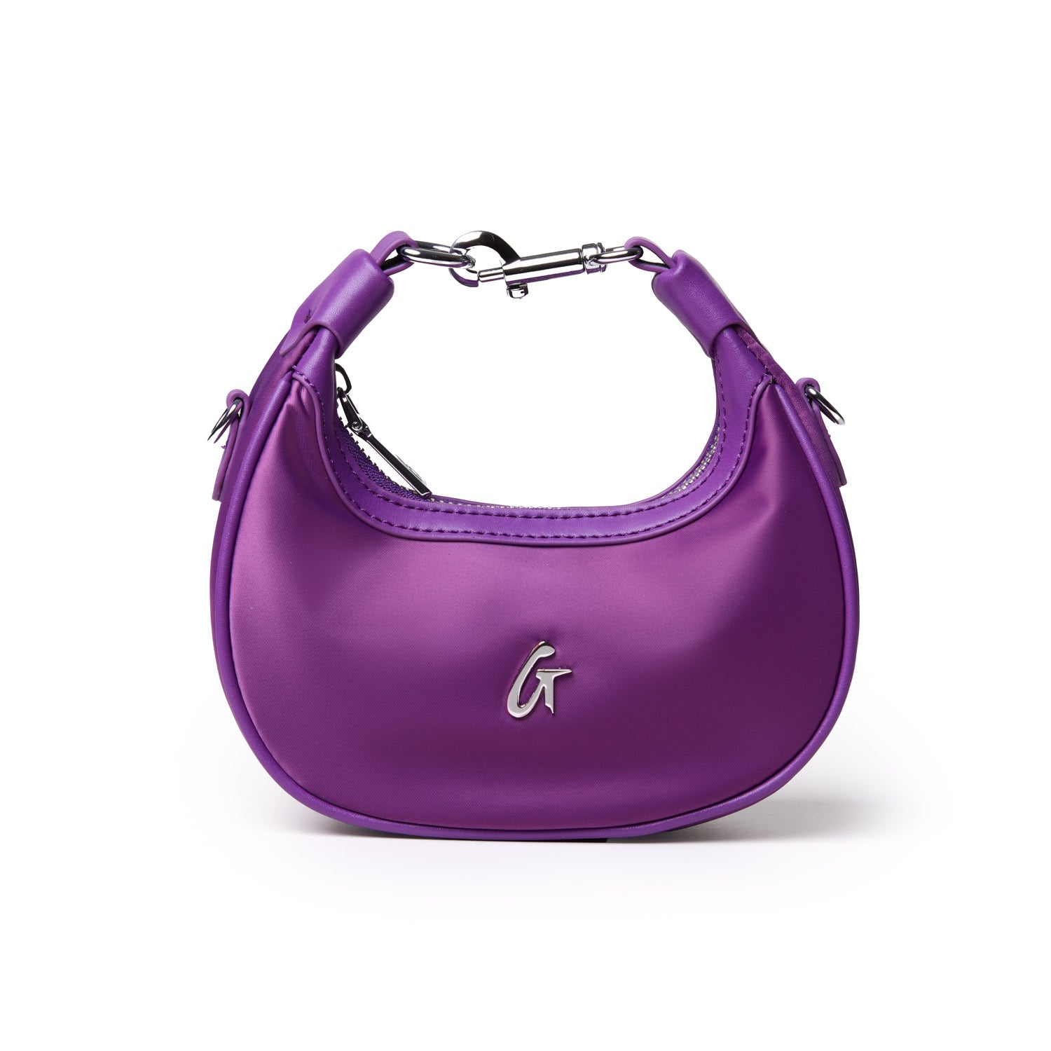 Purple nano nylon hobo bag featuring a sleek design and a stylish silver logo, perfect for everyday use.