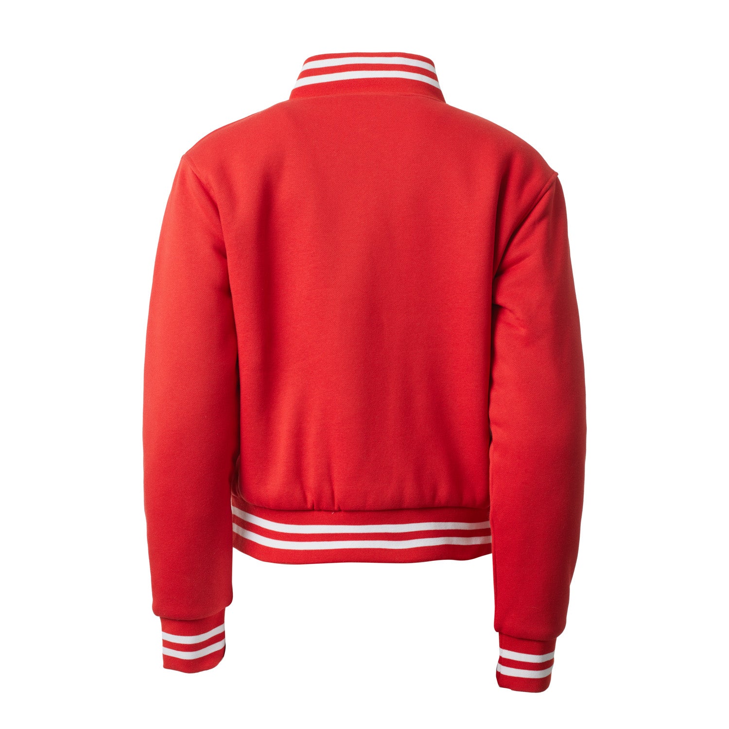 Red varsity jacket with striped ribbed collar, cuffs, and hem, featuring a classic athletic style and smooth fabric.