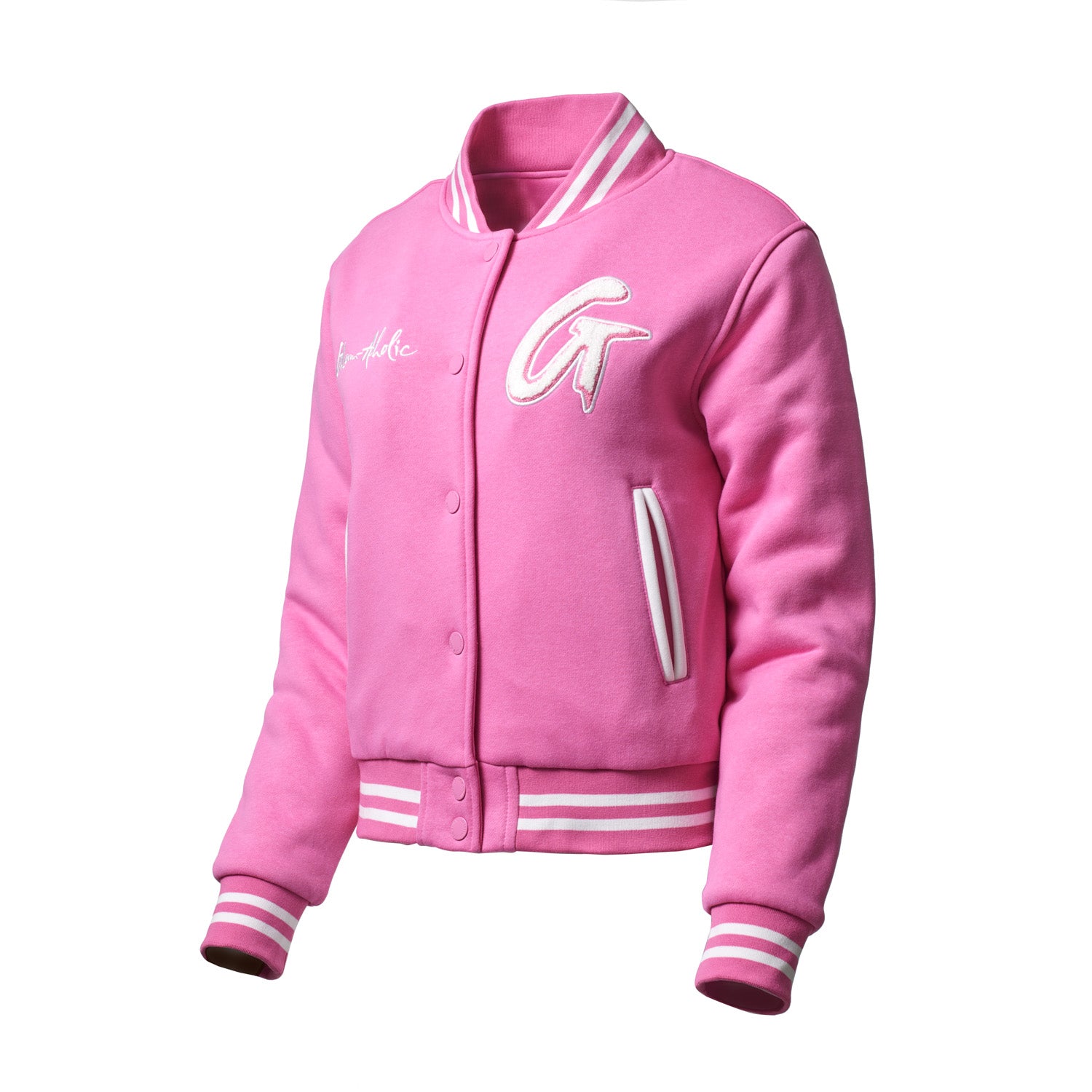 Pink varsity jacket with striped cuffs, collar, and waistband, featuring embroidered patches and a front pocket.
