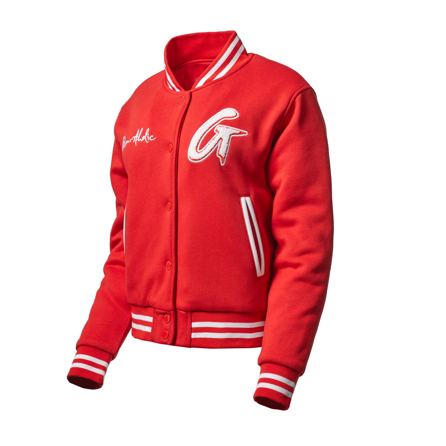 Red varsity jacket with white striped cuffs, collar, and waistband, featuring embroidered patches and a front button closure.
