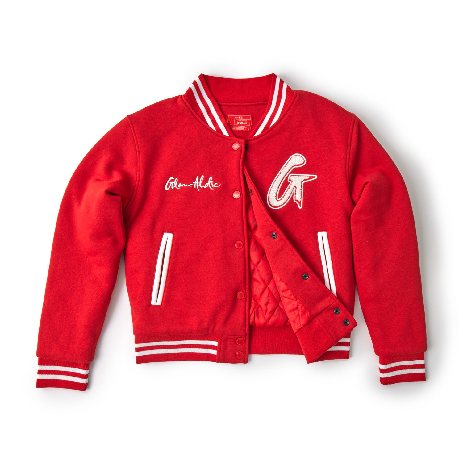 Red varsity jacket with white striped cuffs and collar, embroidered "G" and "Glam-Aholic" text, and snap buttons.