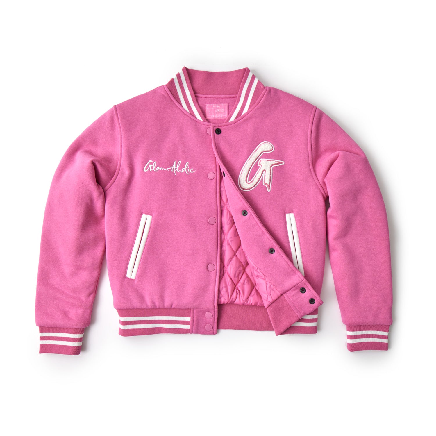 Hot pink varsity jacket with white striped accents, embroidered patches, and snap button closure.