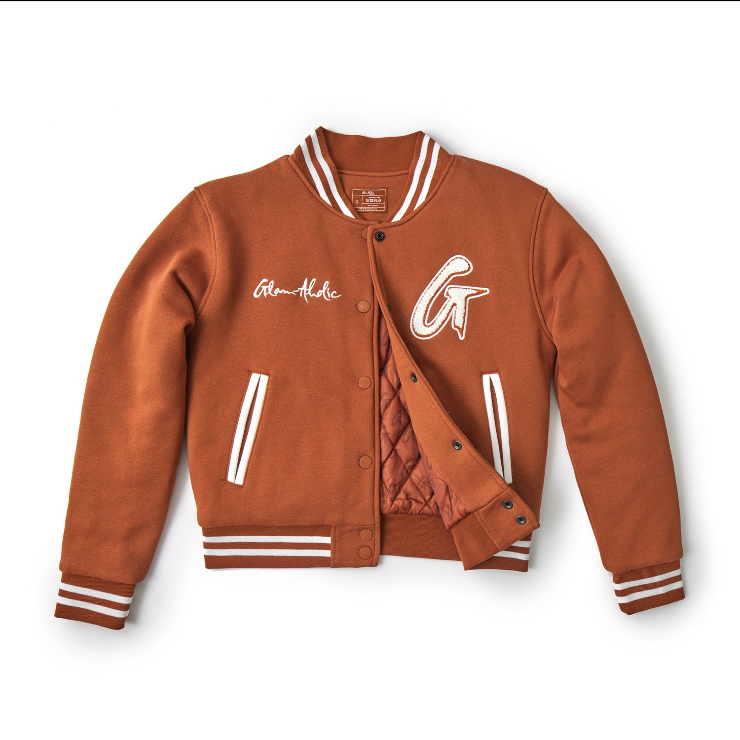 Brown varsity jacket with striped cuffs, collar, and waistband, featuring embroidered patches and side pockets.