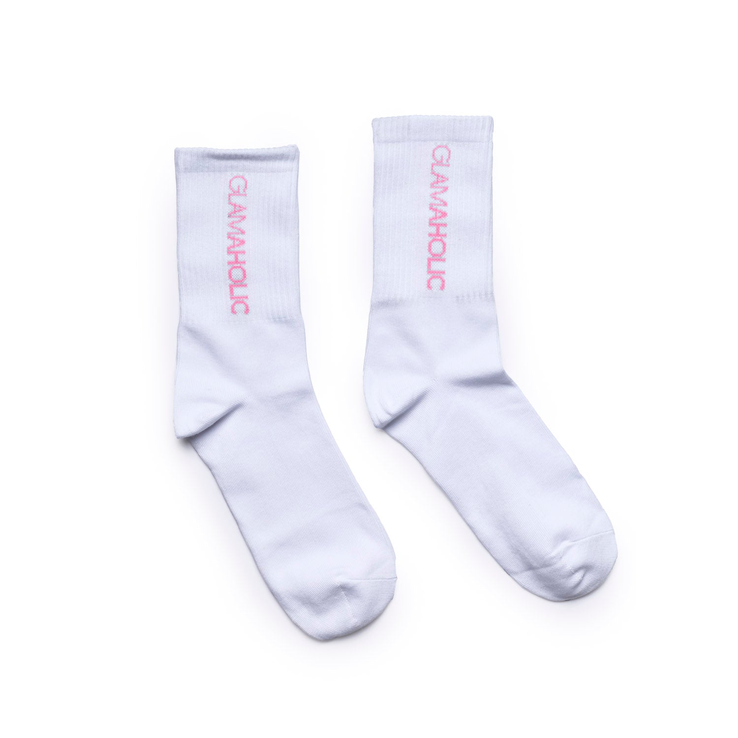 Pastel multi athletic crew socks featuring a soft white base and pink Glam-Aholic logo for stylish comfort.