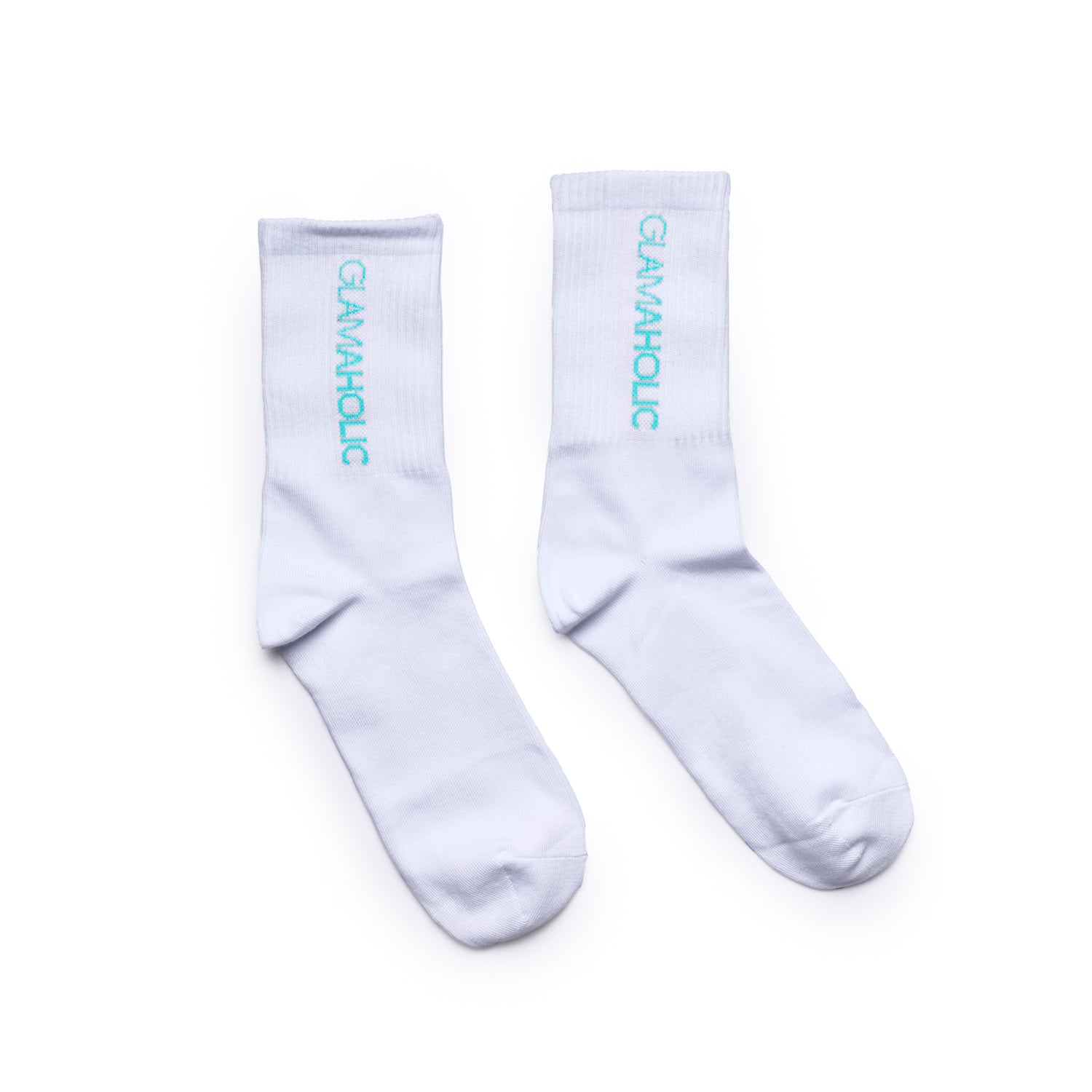 Pastel multi athletic crew socks featuring a white base and teal Glam-Aholic logo for stylish comfort.