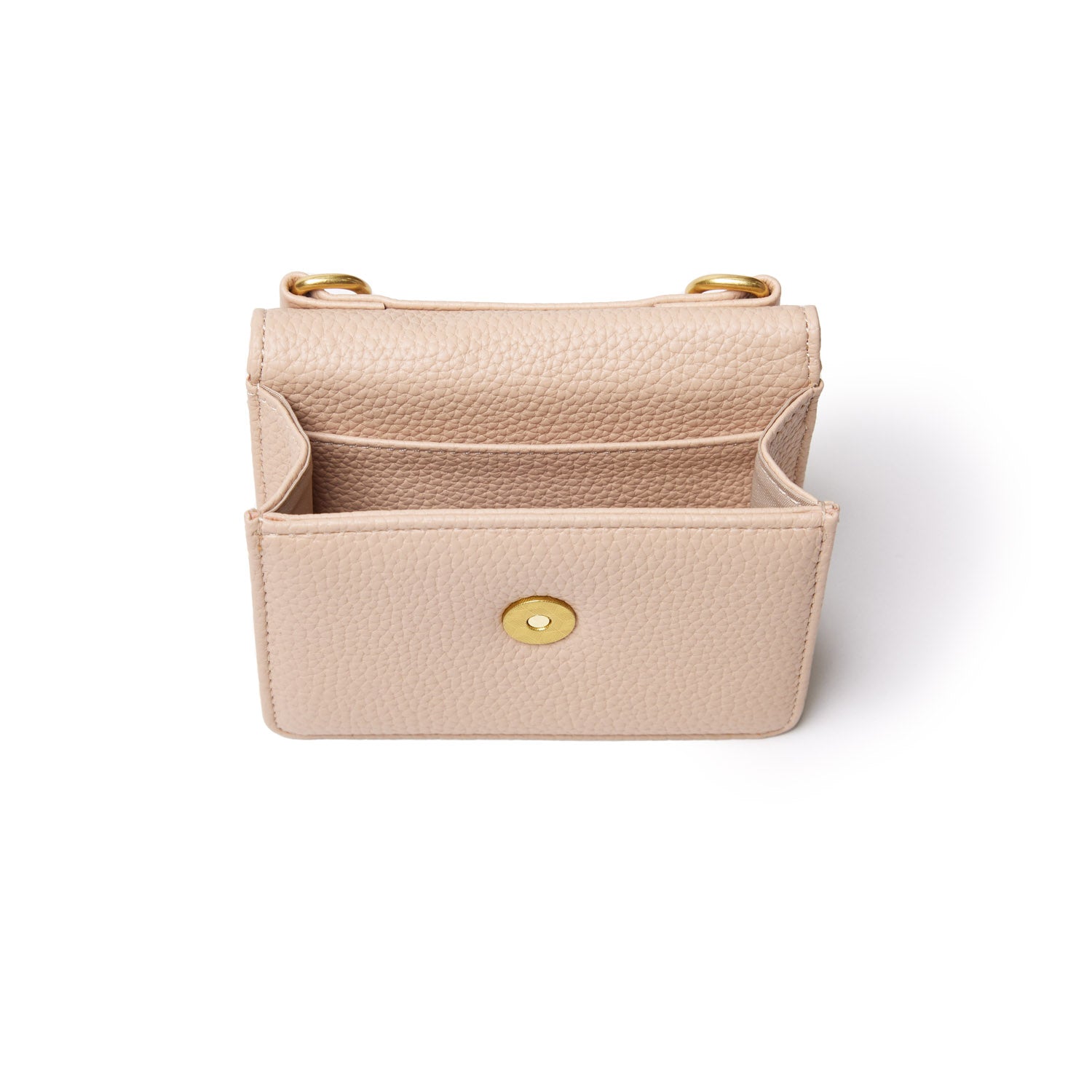 Mini Pebble WOC in nude color, small leather crossbody bag with gold hardware and multiple compartments.