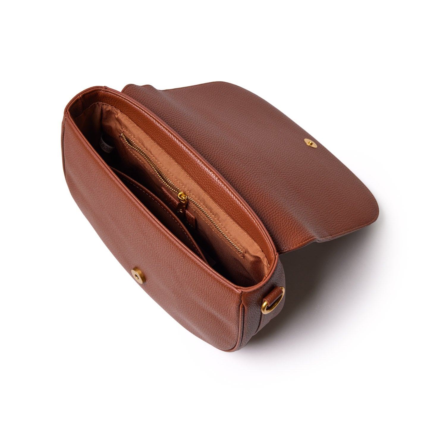 Medium brown pebble leather shoulder bag with interior zip pocket and gold hardware, open to show spacious interior.
