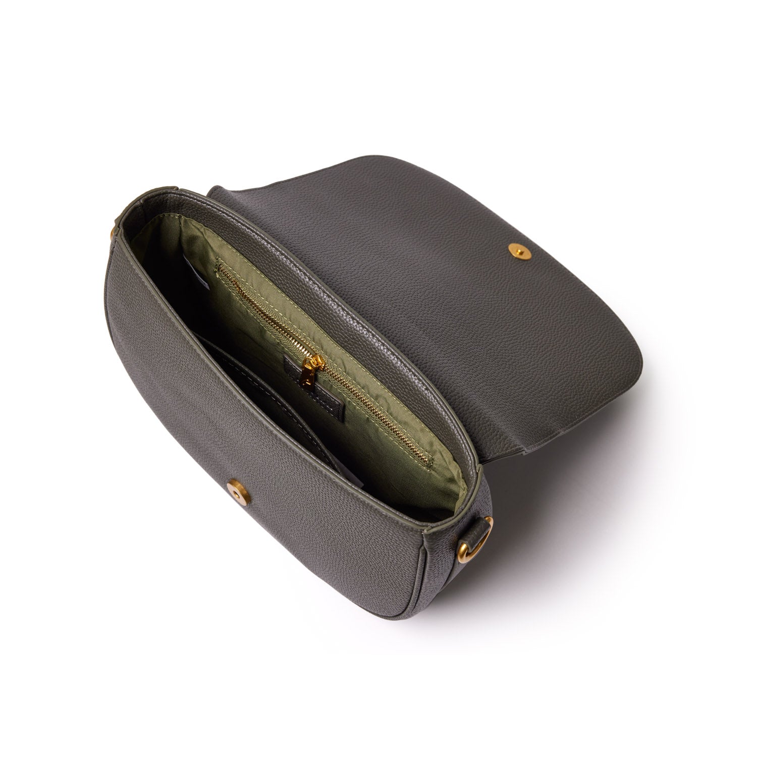Medium olive green pebble shoulder bag with interior zip pocket and gold-tone hardware, open to show interior compartments.