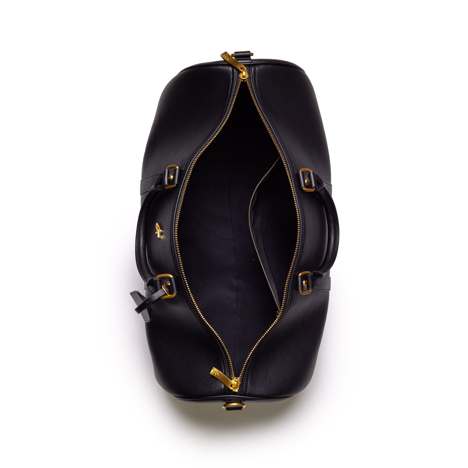 Open black Pebble Duffle Bag with gold zipper and interior compartment, showing spacious storage and sturdy design.