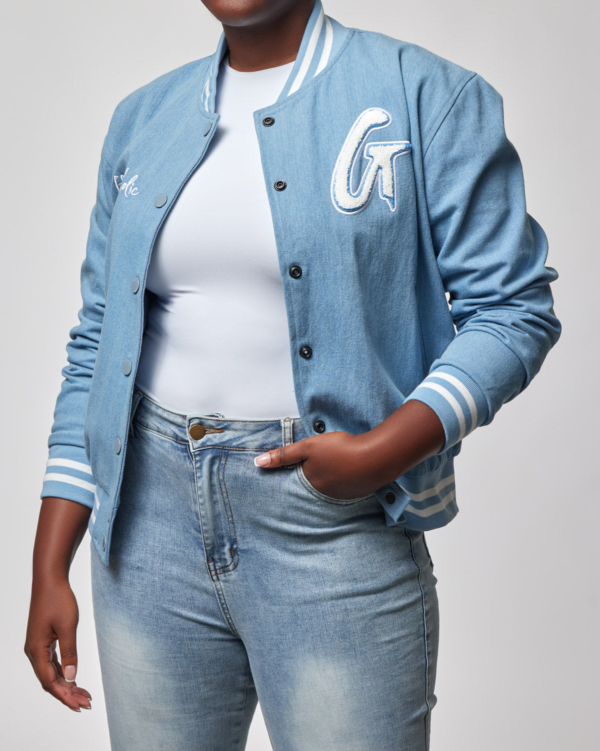 ESSENTIAL VARSITY JACKET DENIM