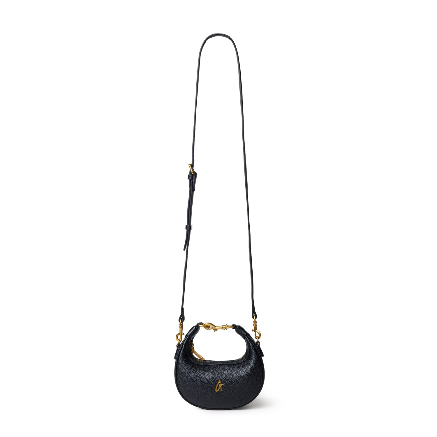 Black Nano Pebble Hobo Bag with gold accents and adjustable strap, featuring a rounded shape and textured leather finish.