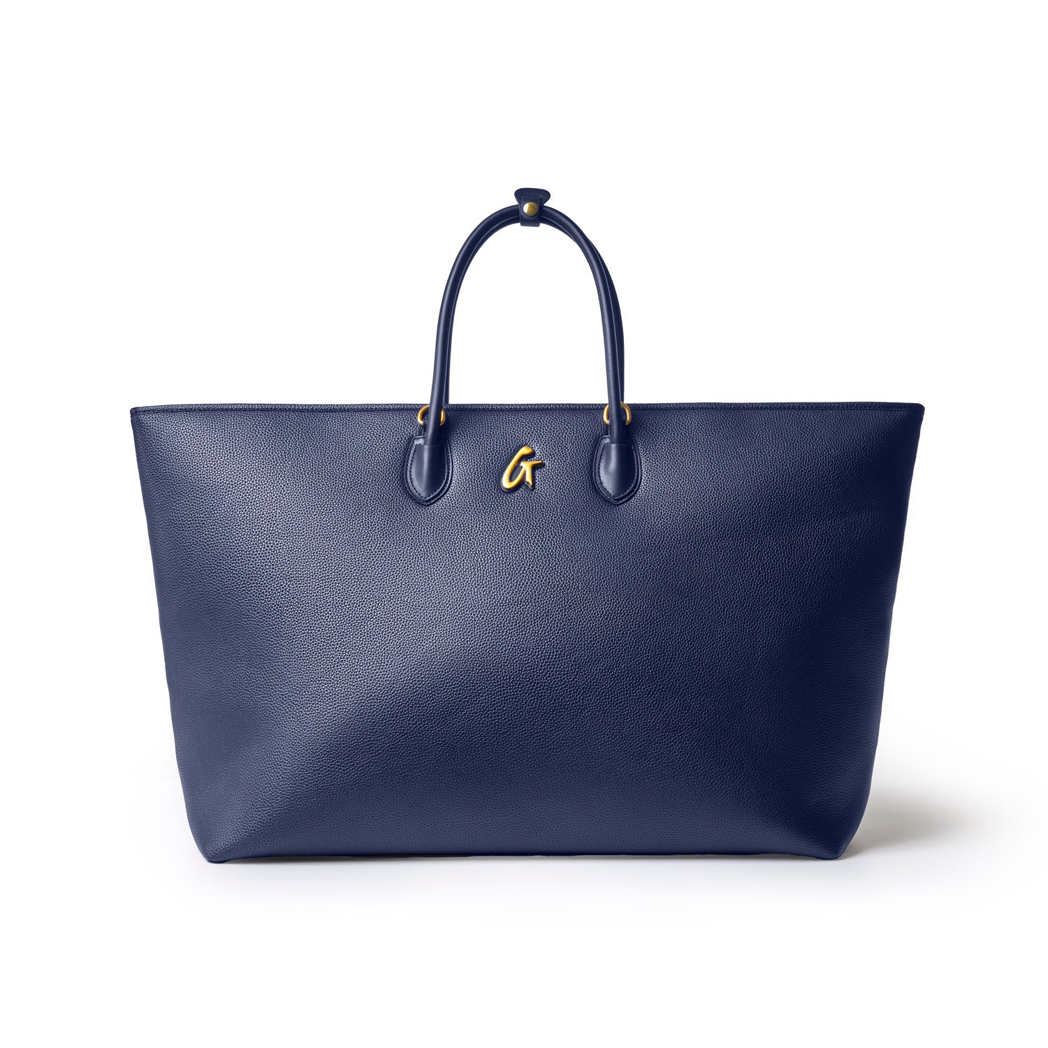 Navy jumbo pebble tote bag with smooth texture and gold logo, perfect for stylish everyday use.