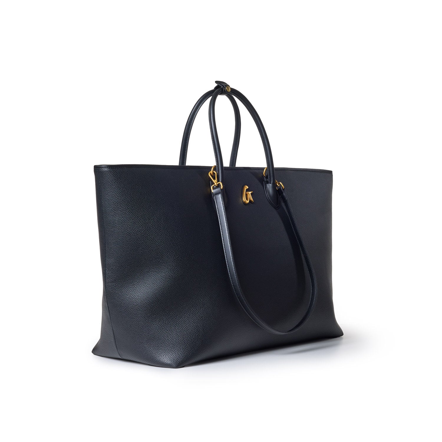 Black jumbo pebble tote bag with dual handles, gold accents, and a spacious, textured leather design.