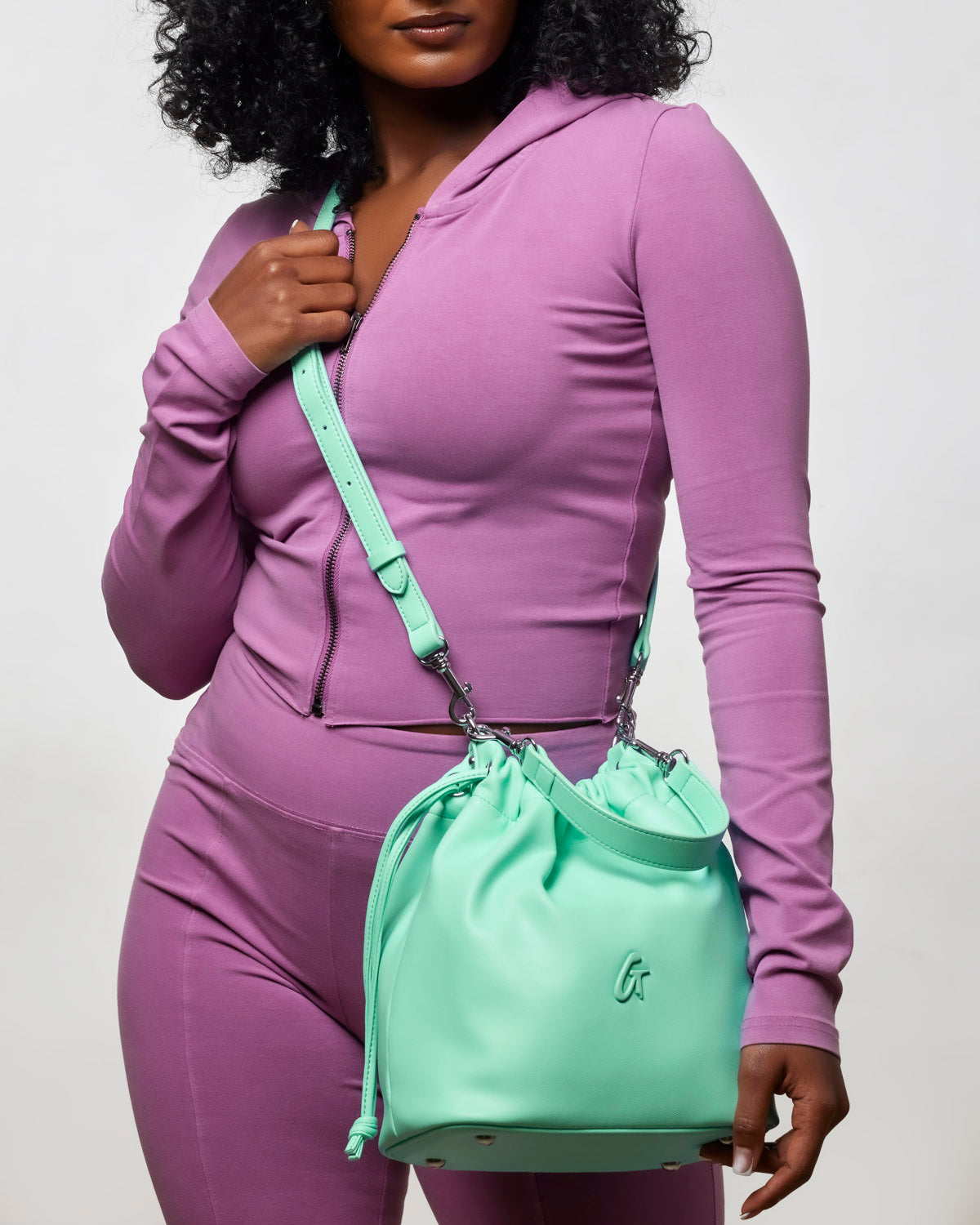 Medium Drawstring Bucket Bag | Teal | Smooth Vegan Leather | Glam