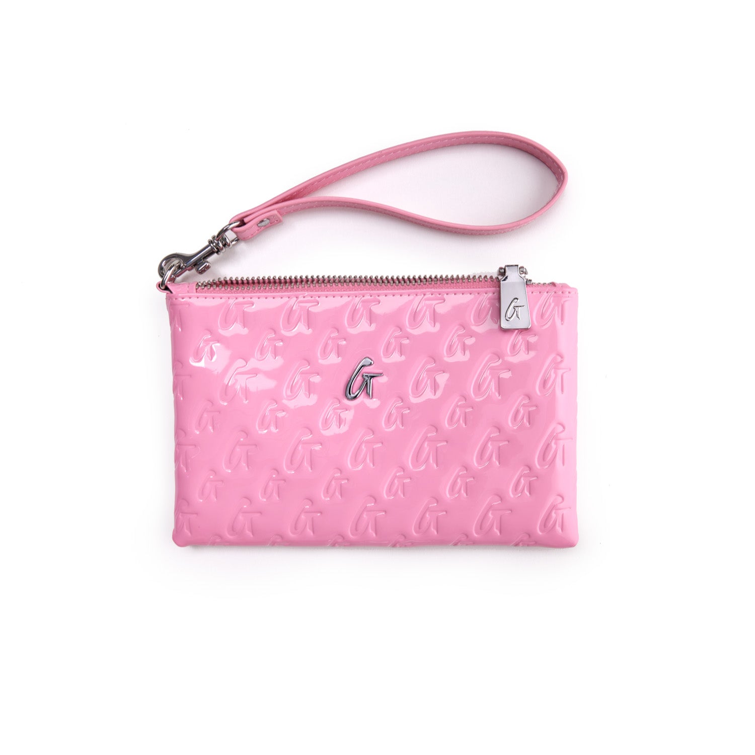 Mini Monogram silver wristlet in mirror pink with embossed "G" pattern, silver logo charm, and matching pink wrist strap.