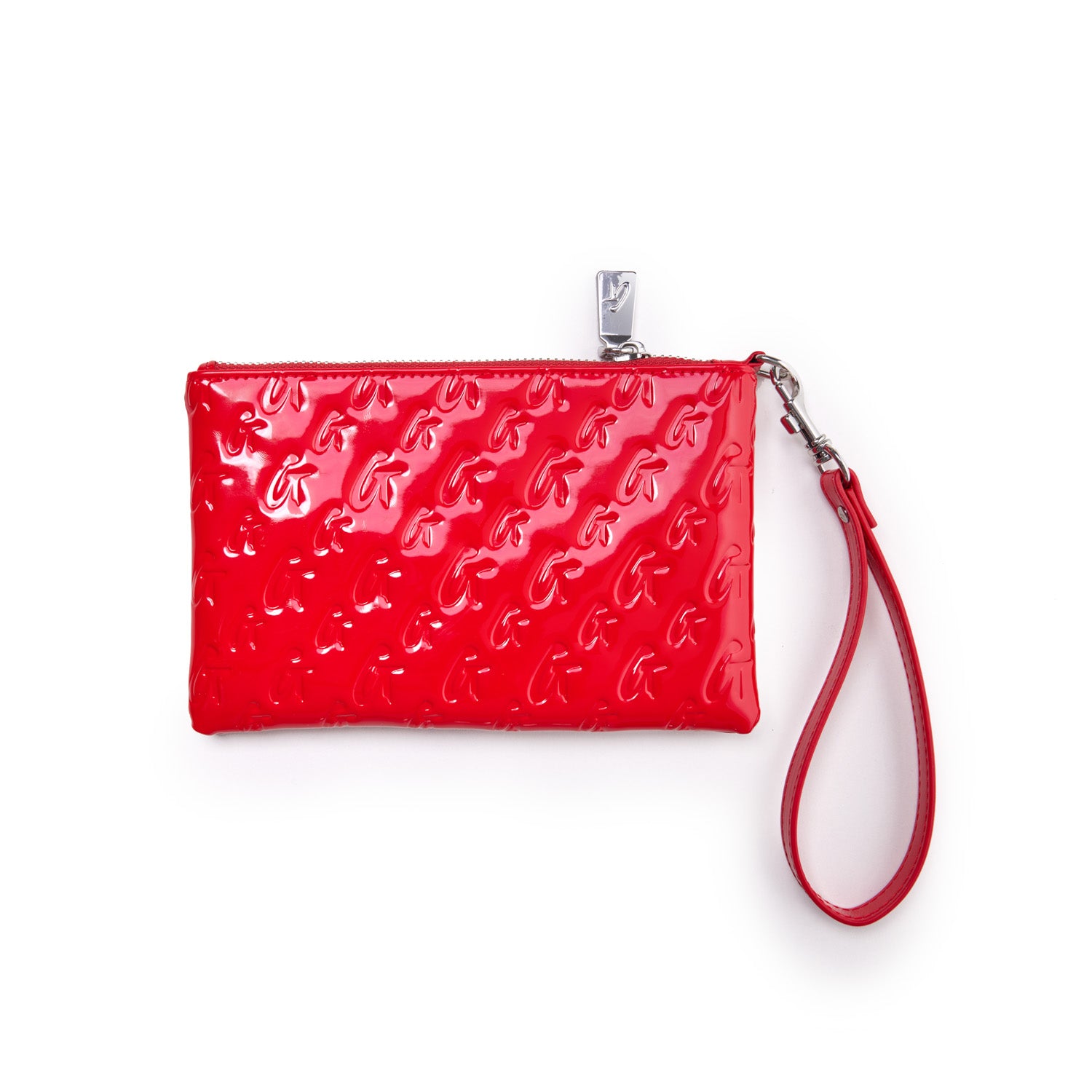 Red shiny wristlet with embossed mini monogram pattern, silver zipper, and matching red strap.