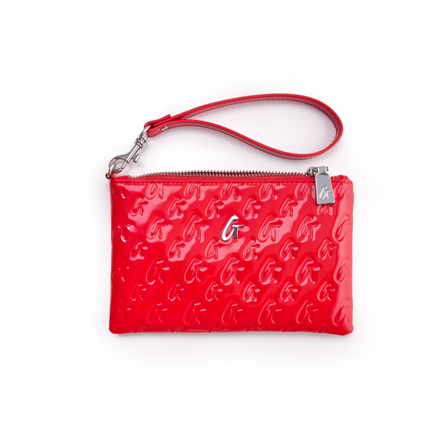 Red shiny mini wristlet with embossed G pattern, silver logo charm, zipper closure, and matching red strap.
