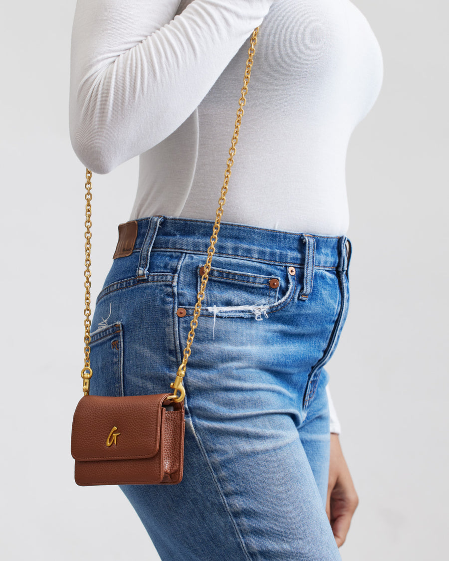 PEBBLE MINI WALLET ON CHAIN BROWN Vegan Leather Crossbody Wallet