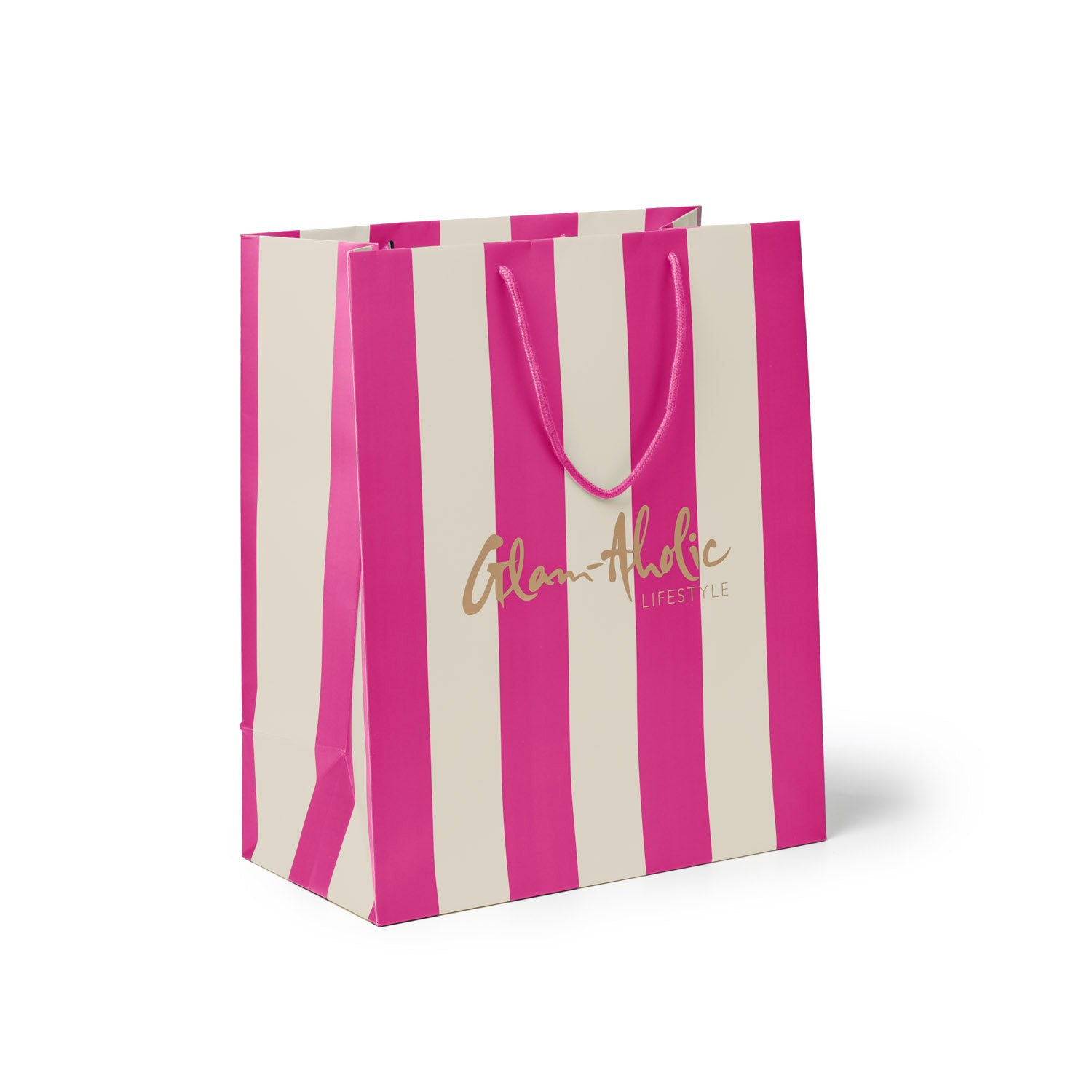 Medium pink and cream striped gift bag featuring Glam-Aholic Lifestyle logo, perfect for stylish gifting.