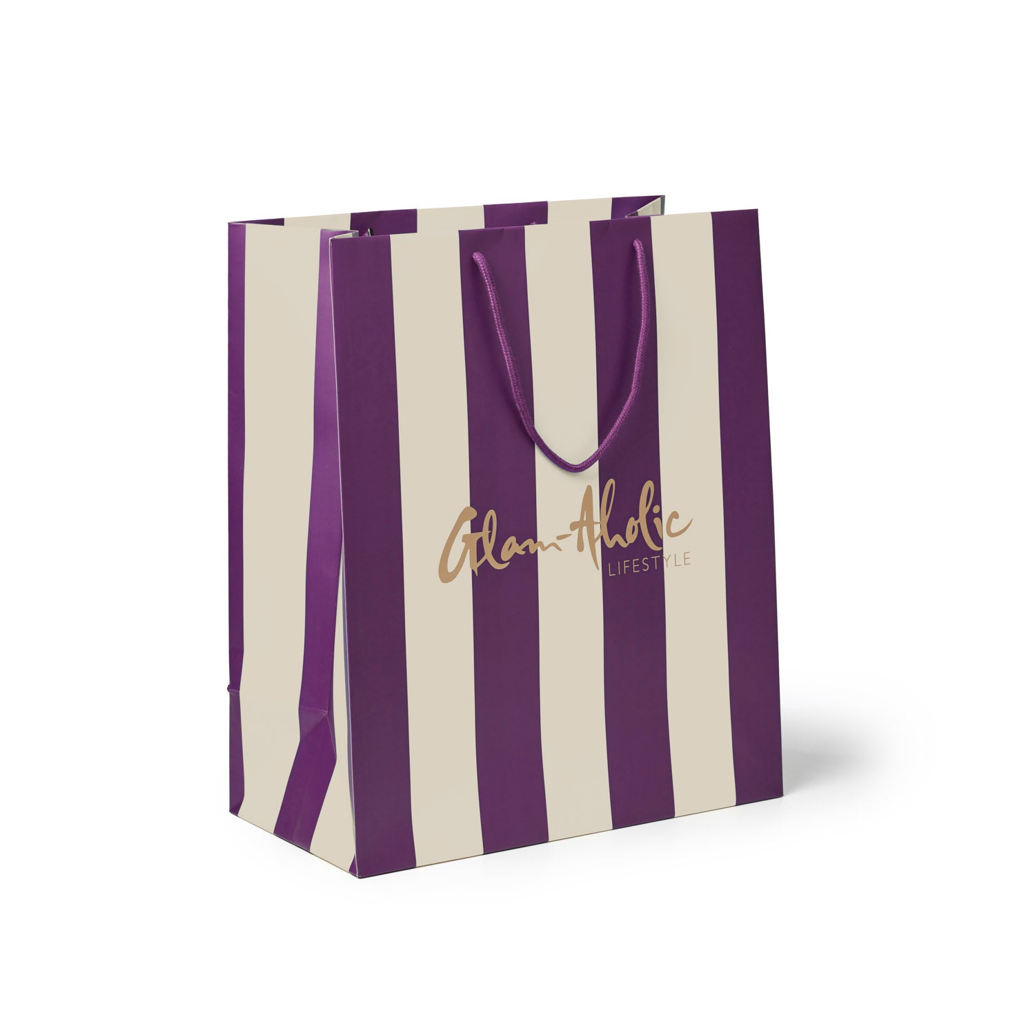 Medium striped gift bag in purple and cream featuring Glam-Aholic Lifestyle logo, perfect for stylish gifting.