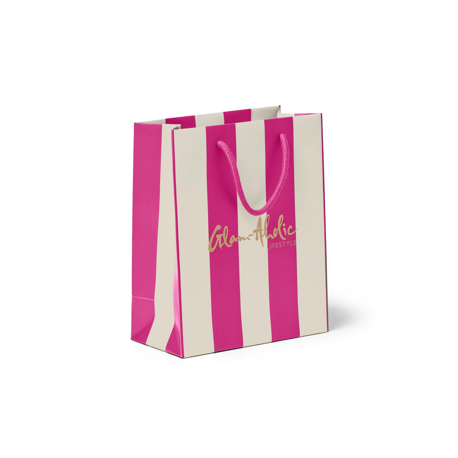 Pink and cream striped gift bag with handles, featuring the Glam-Aholic Lifestyle logo. Perfect for stylish gifting.
