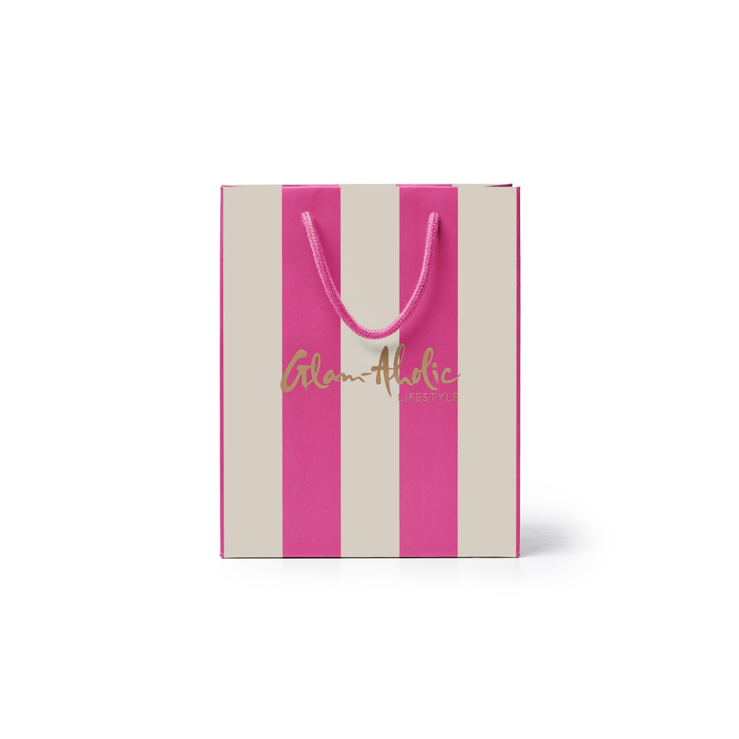Pink and cream striped gift bag with pink handles, featuring the Glam-Aholic Lifestyle logo. Ideal for stylish gifting.