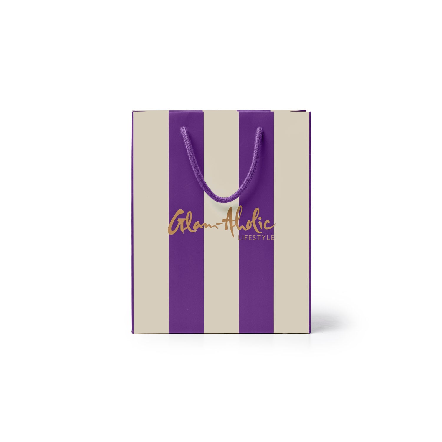 Purple and cream striped gift bag with handles, featuring Glam-Aholic Lifestyle logo in gold. Ideal for stylish gifting.