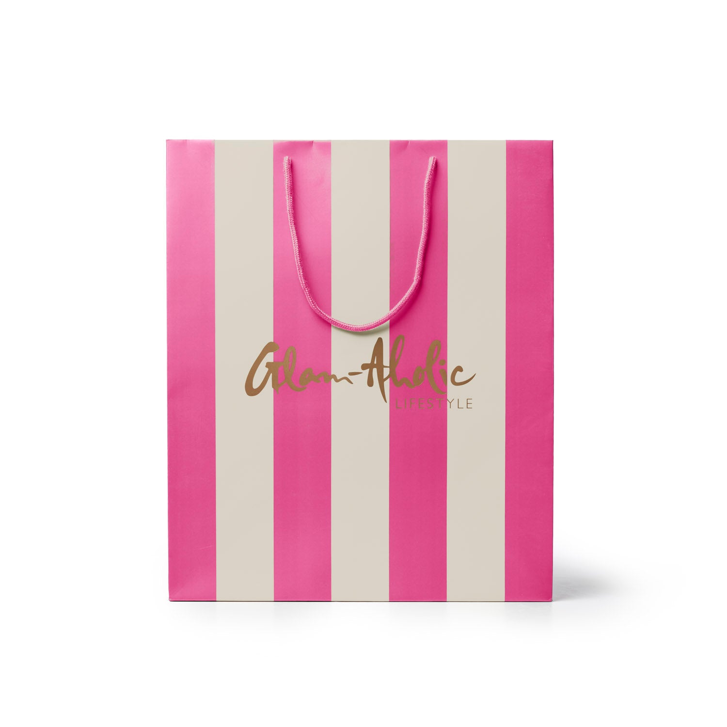 Medium pink and cream striped gift bag featuring Glam-Aholic Lifestyle logo in gold. Ideal for stylish gifting.