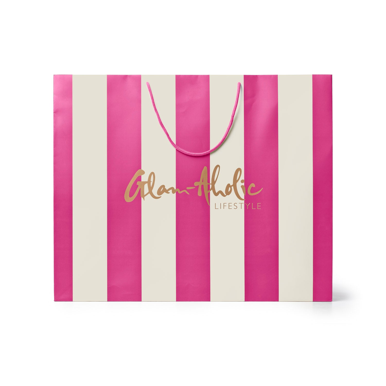Large pink and cream striped gift bag featuring the Glam-Aholic Lifestyle logo, perfect for stylish gifting.