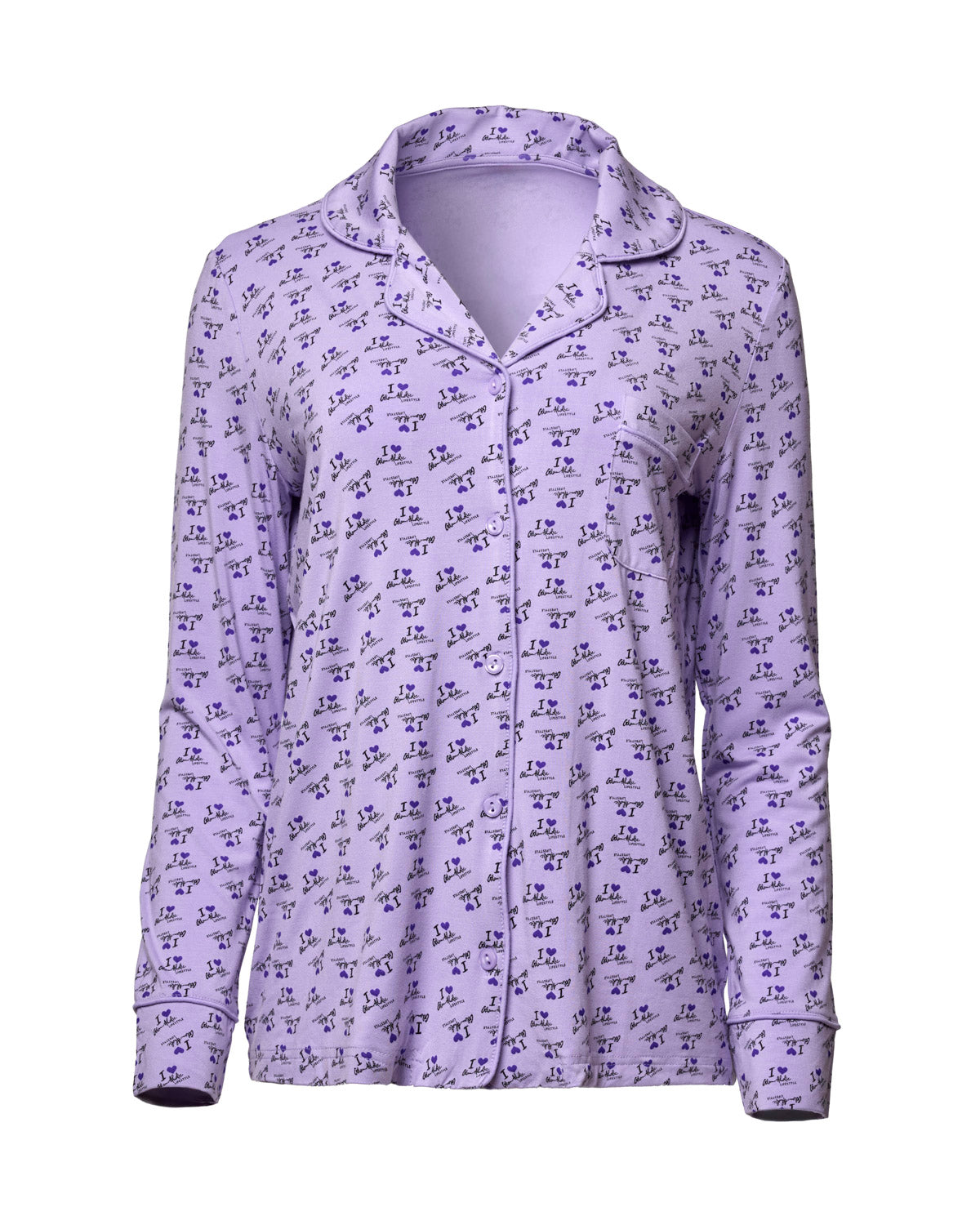 Purple long pajama set featuring a playful "I Love Gal" print, designed for comfort and style during sleep.