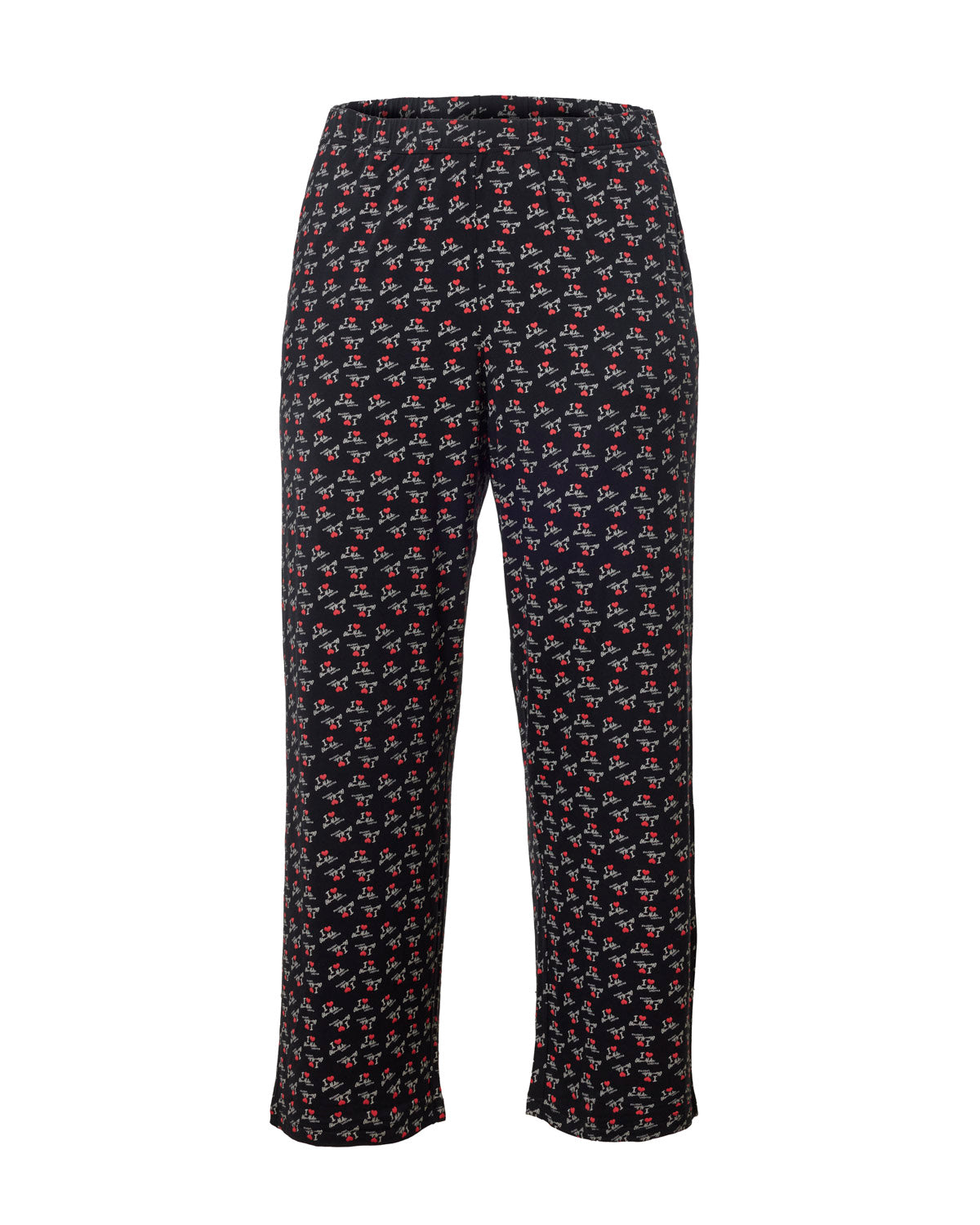 Black pajama pants featuring a playful "I LOVE GAL" print in red and white, perfect for cozy, stylish lounging.