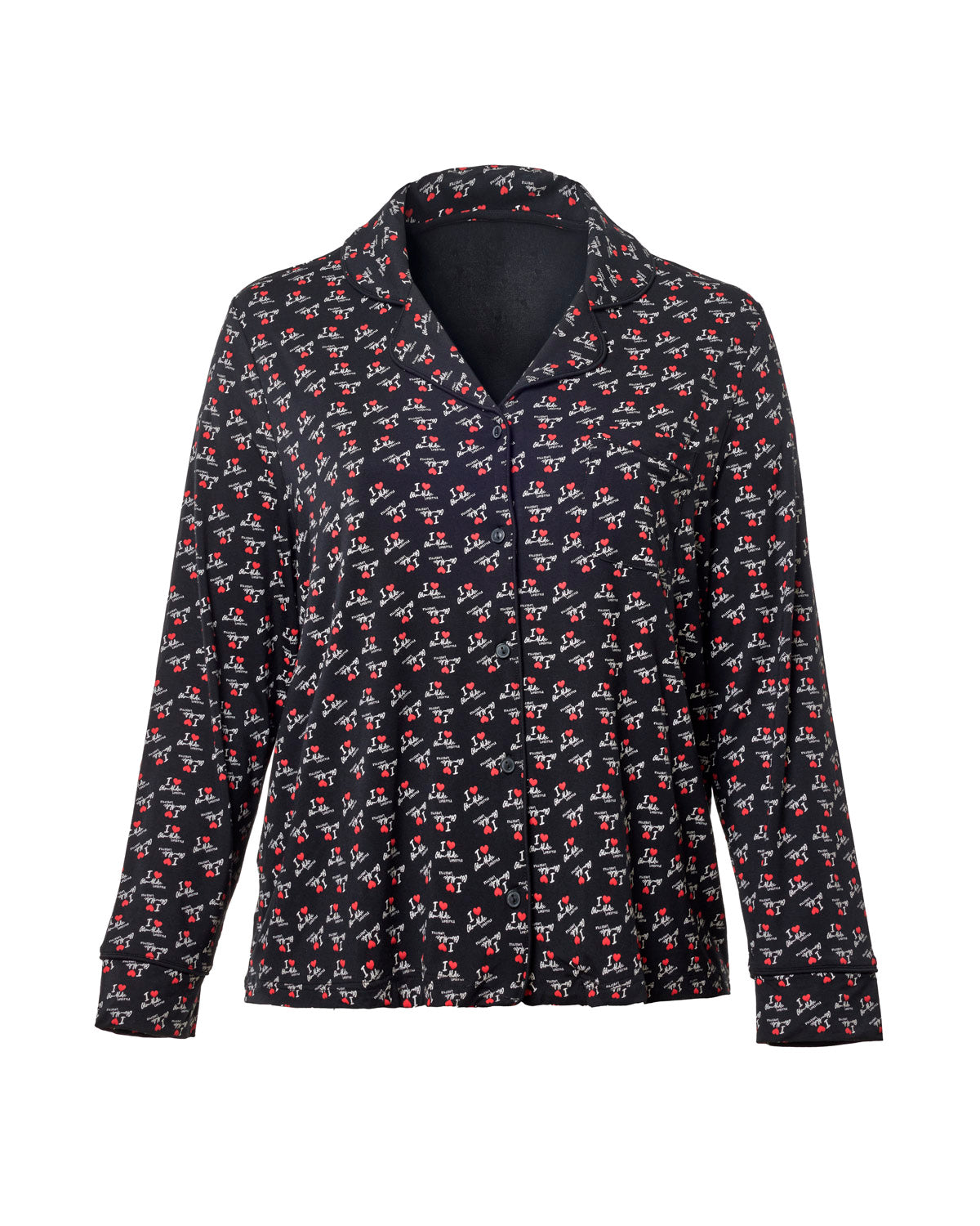 Black pajama top featuring a playful I LOVE GAL print in red and white, designed for comfort and style.
