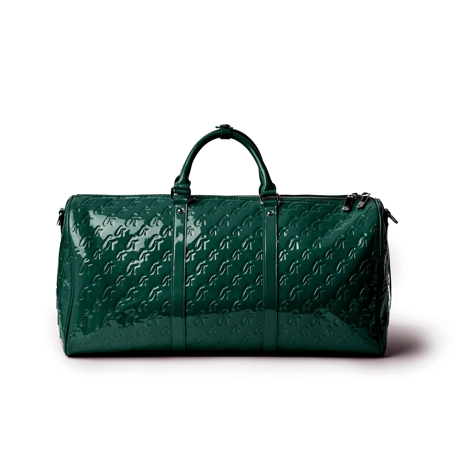 Monogram travel set in mirror green featuring a spacious duffel bag with stylish handles and a glossy finish.