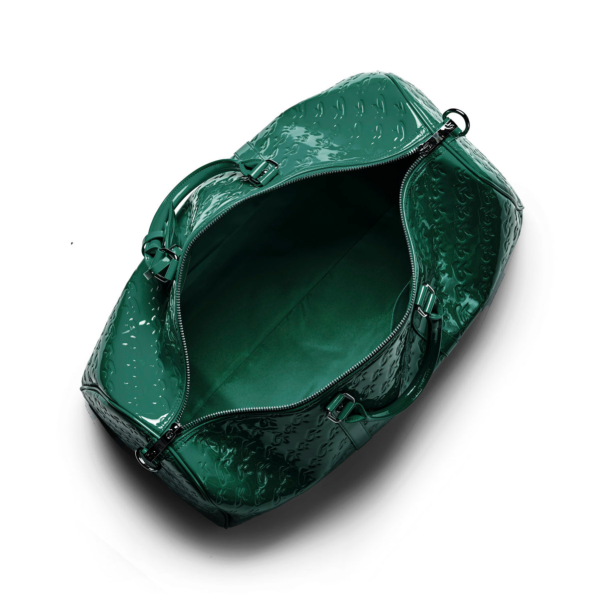 Spacious mirror green monogram travel bag with a glossy finish and interior lining, perfect for stylish getaways.