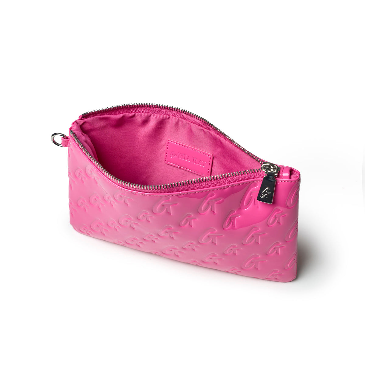 Hot pink monogram wristlet with a zip closure and spacious interior, perfect for stylish organization.