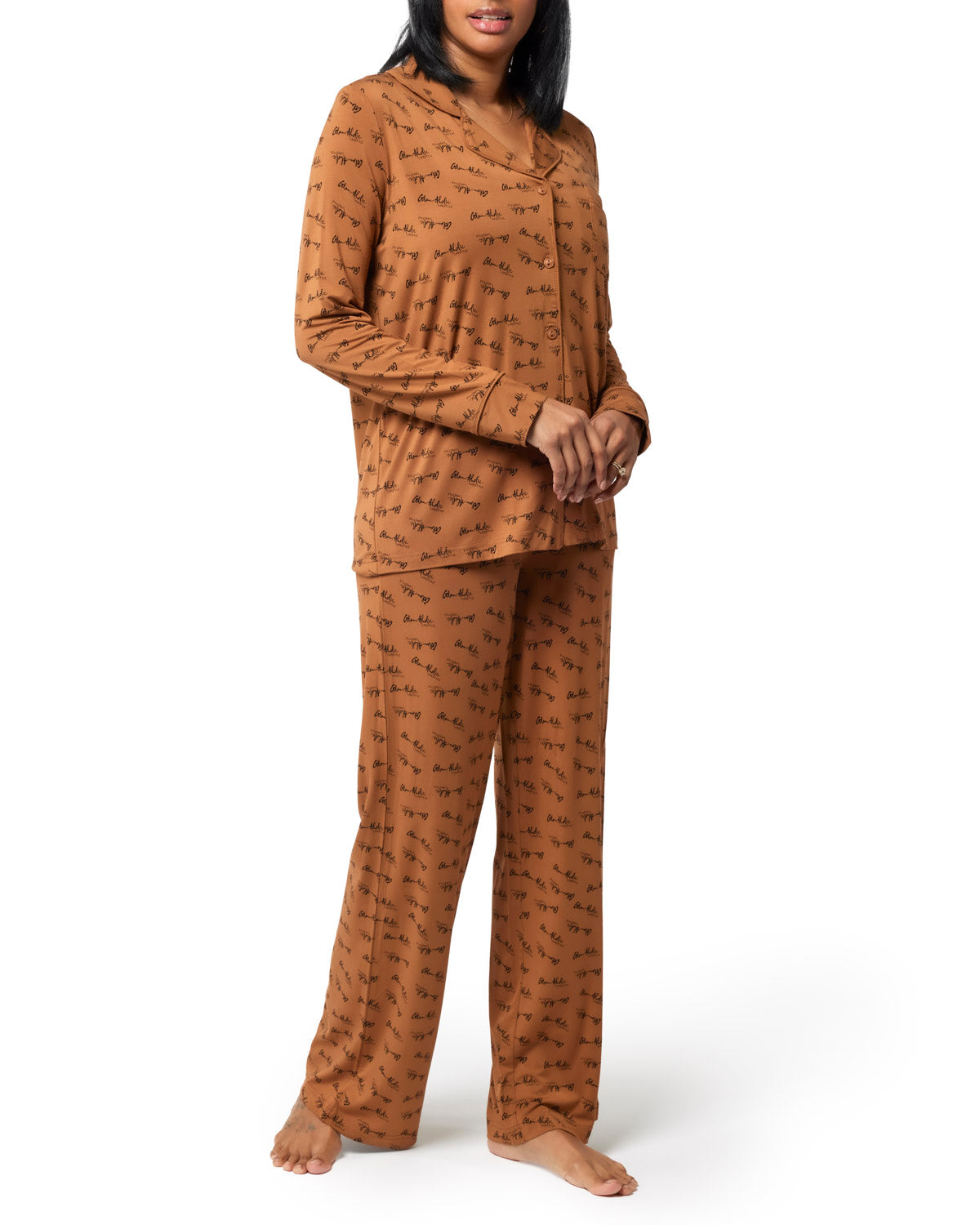 Brown long pajamas featuring a stylish print, designed for comfort and elegance in loungewear.