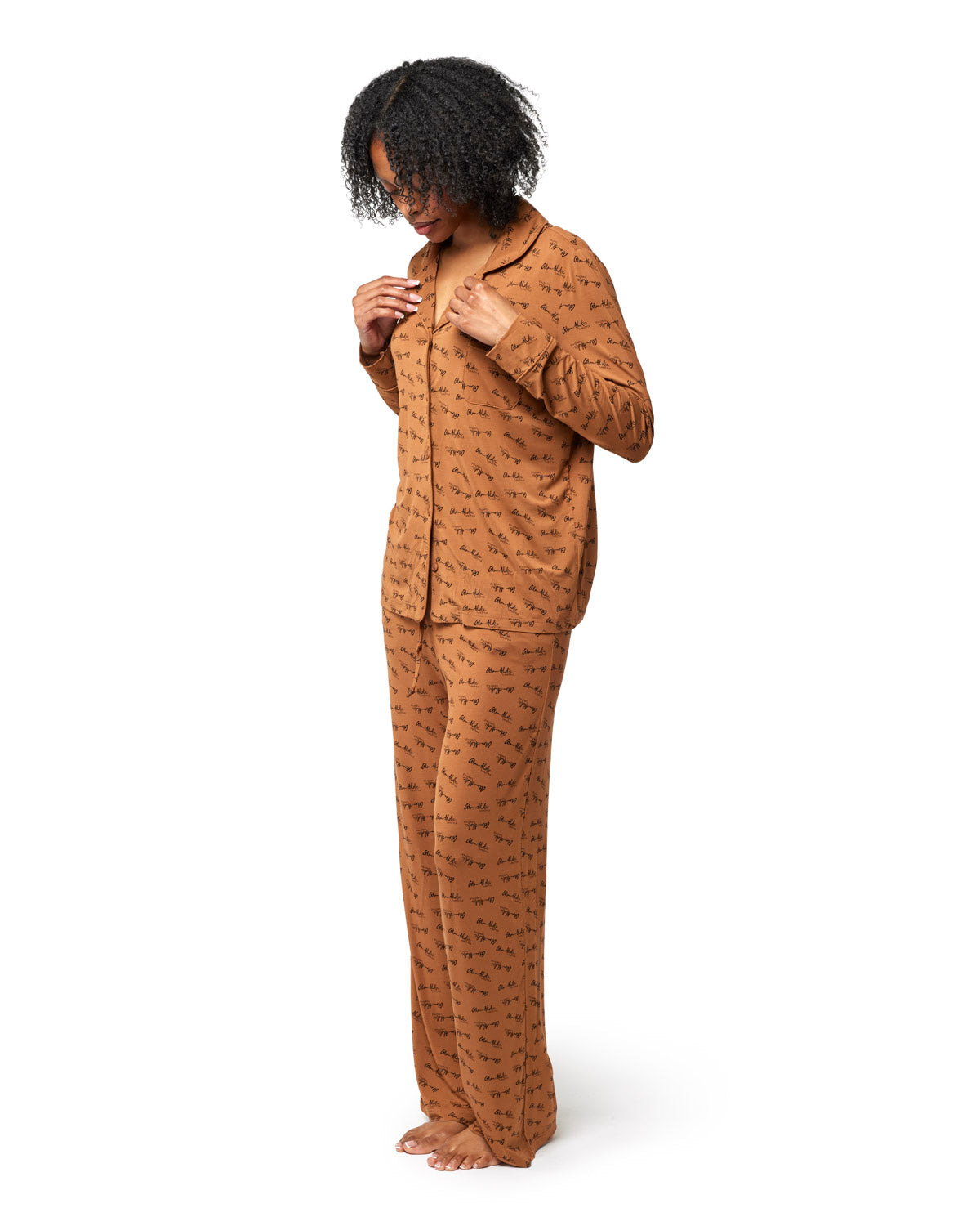 Brown long pajamas featuring a stylish print, designed for comfort and a chic loungewear look.
