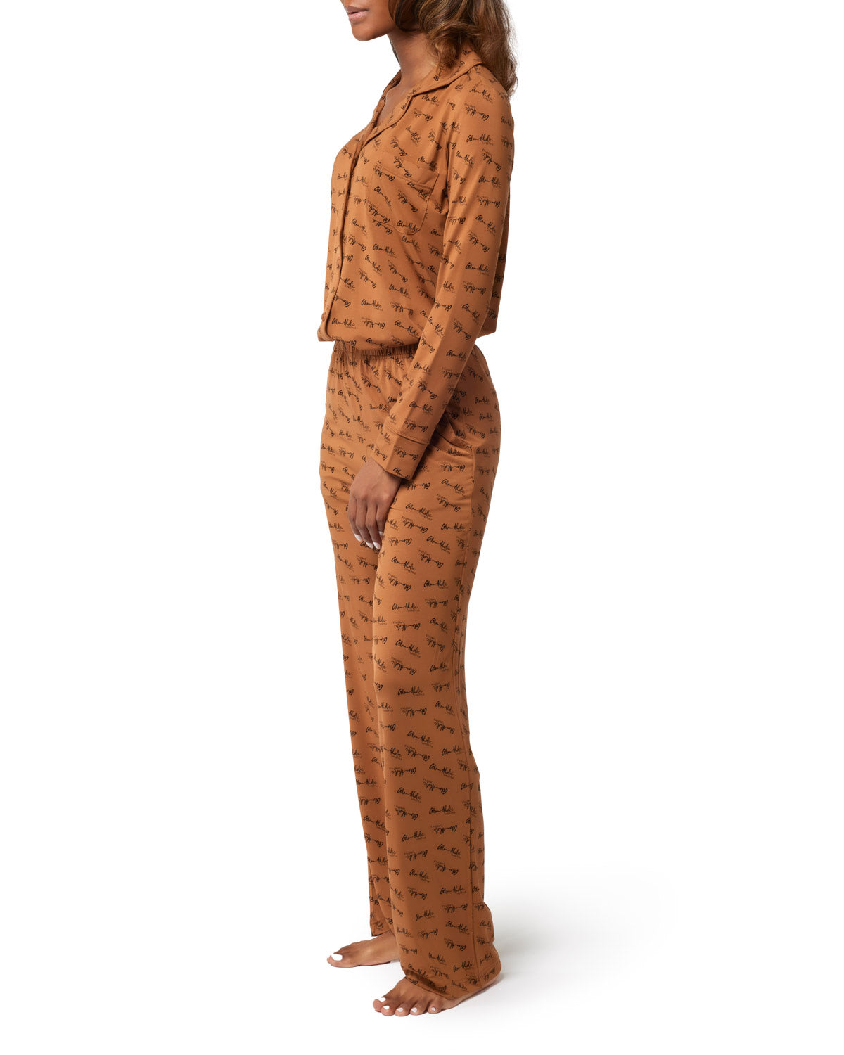 Brown Signature Pajamas Set | Button-Down Top & Straight-Leg Pants