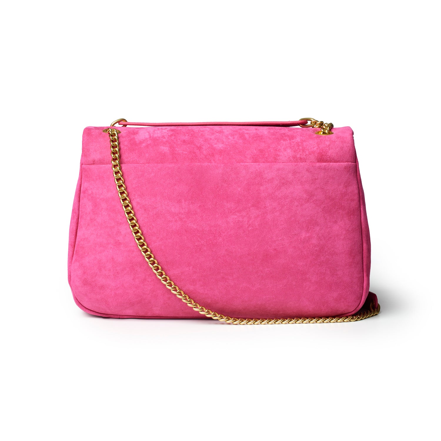 Medium hot pink suede flap bag with a gold chain strap, perfect for adding a pop of color to any outfit.