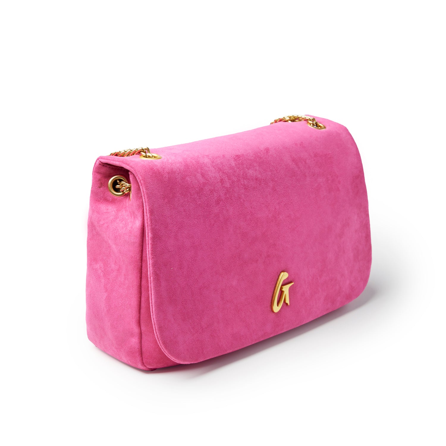 Medium hot pink suede flap bag with gold chain straps and embossed logo, perfect for stylish everyday use.