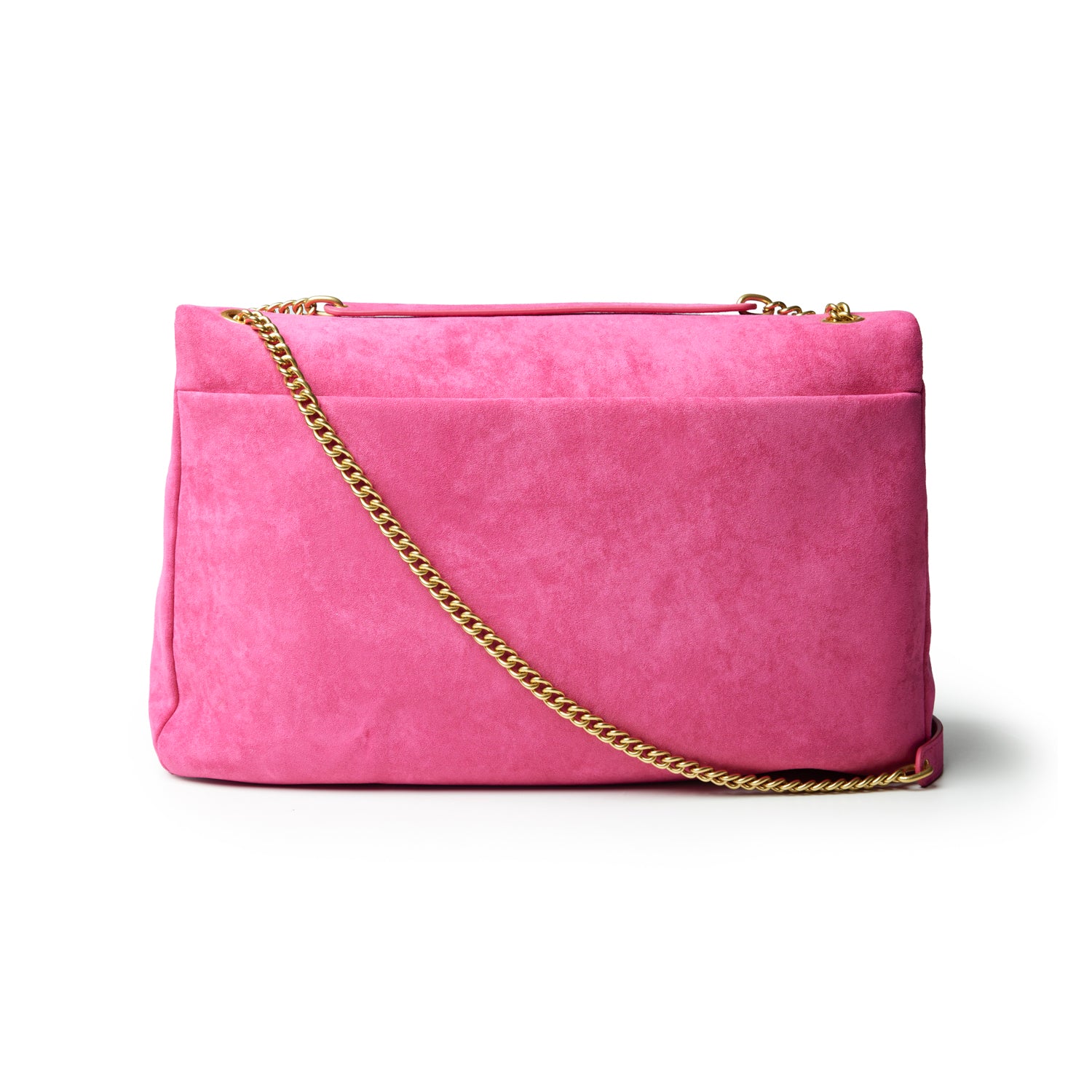 Large hot pink suede flap bag with a gold chain strap, perfect for adding a pop of color to any outfit.