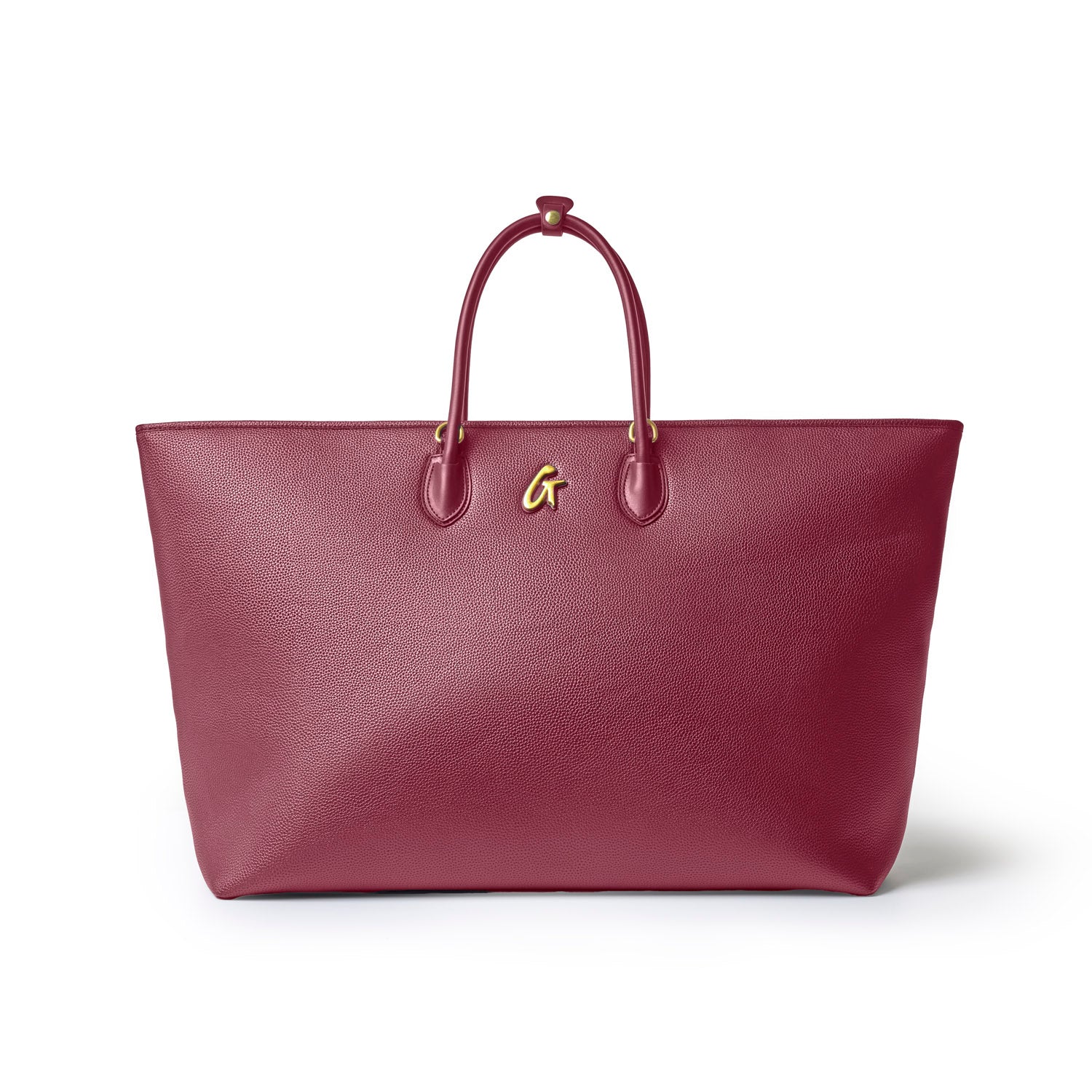 Burgundy jumbo pebble tote bag with smooth handles and a gold logo, perfect for stylish everyday use.