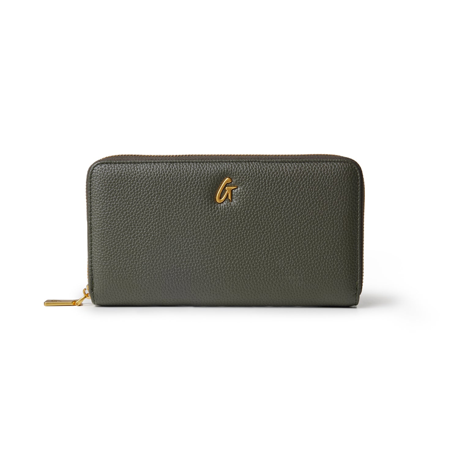 Olive green jumbo pebble wallet featuring a textured finish and gold-tone logo on the front.