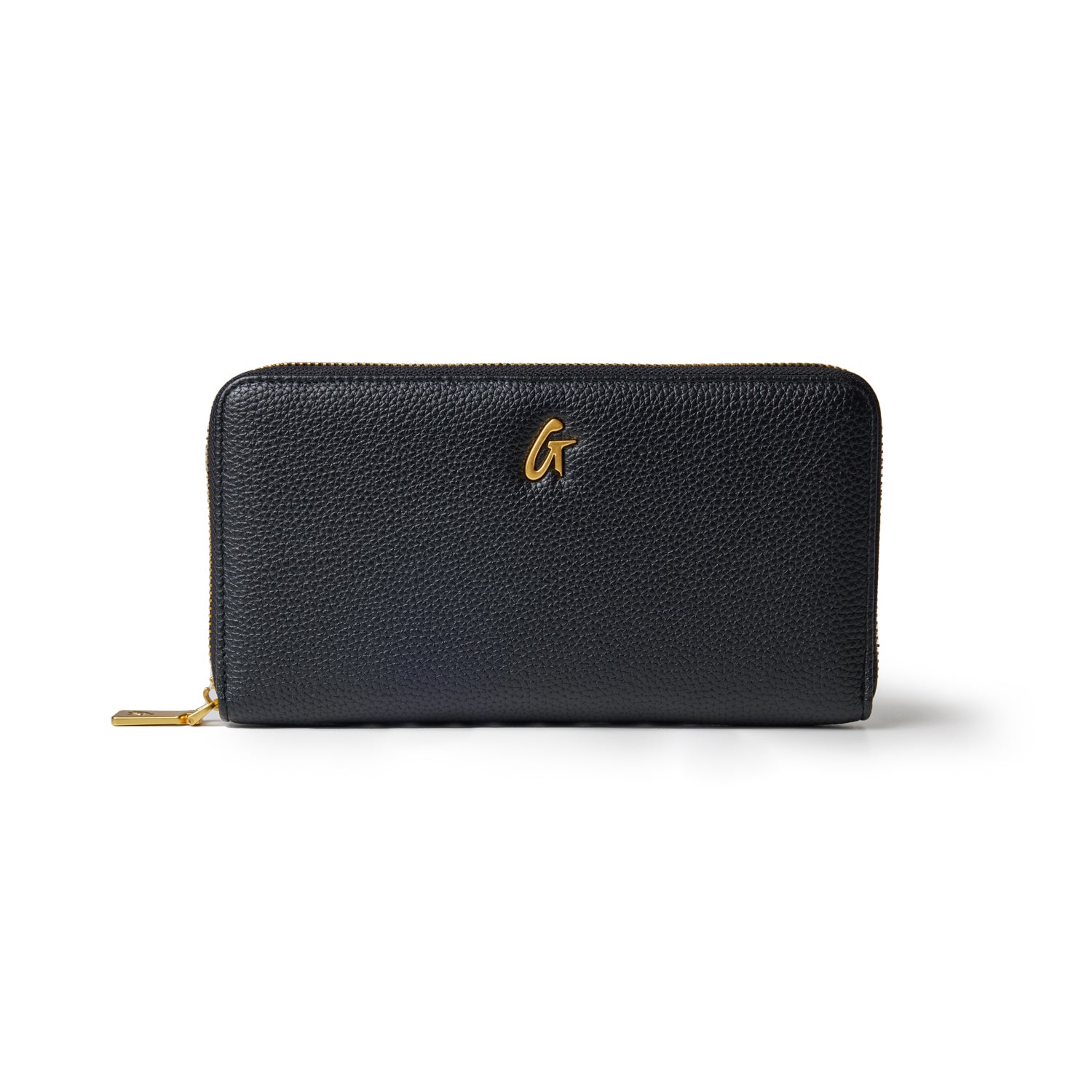 Black jumbo pebble wallet featuring a textured exterior and gold logo detail, ideal for stylish organization.