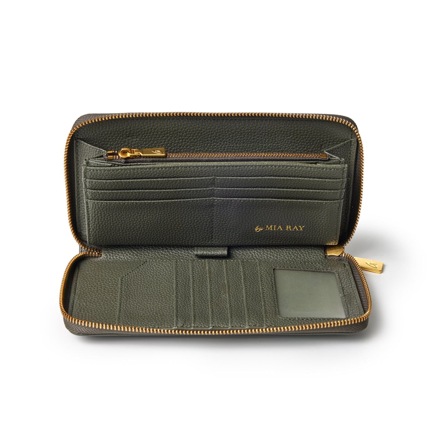 Olive green jumbo pebble wallet with multiple card slots, a zippered coin pocket, and gold accents, open to show interior details.