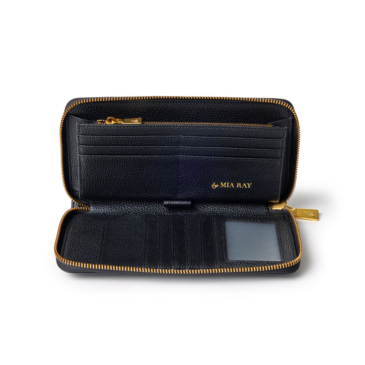 Open black leather wallet with gold zipper, multiple card slots, a clear ID window, and a zippered coin pocket.