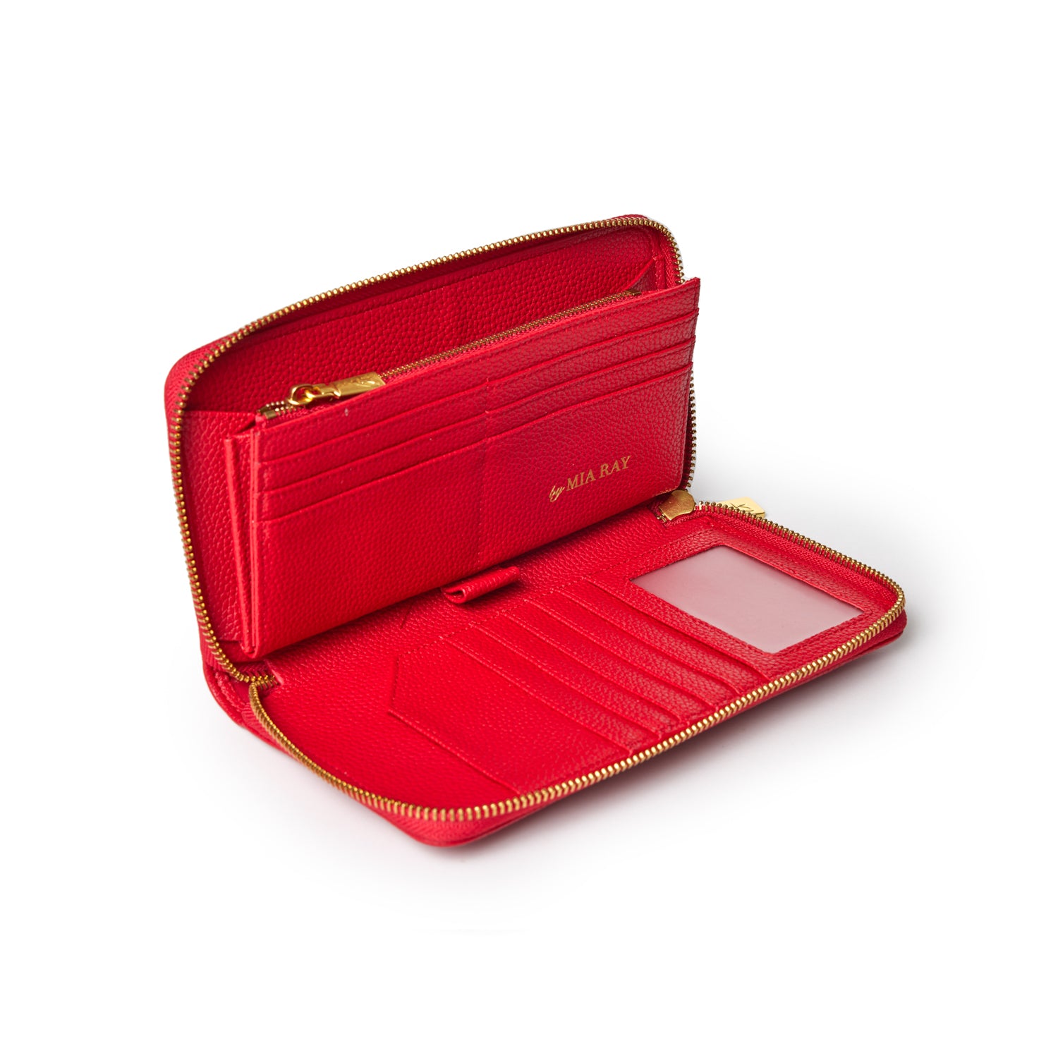 Red Pebble Power Pack wallet featuring multiple card slots and a zippered closure for secure storage.