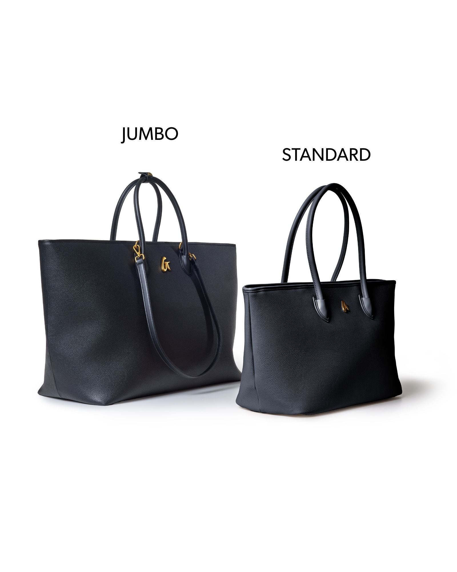 Black jumbo pebble tote bag displayed alongside a standard size tote, showcasing spacious design and elegant style.