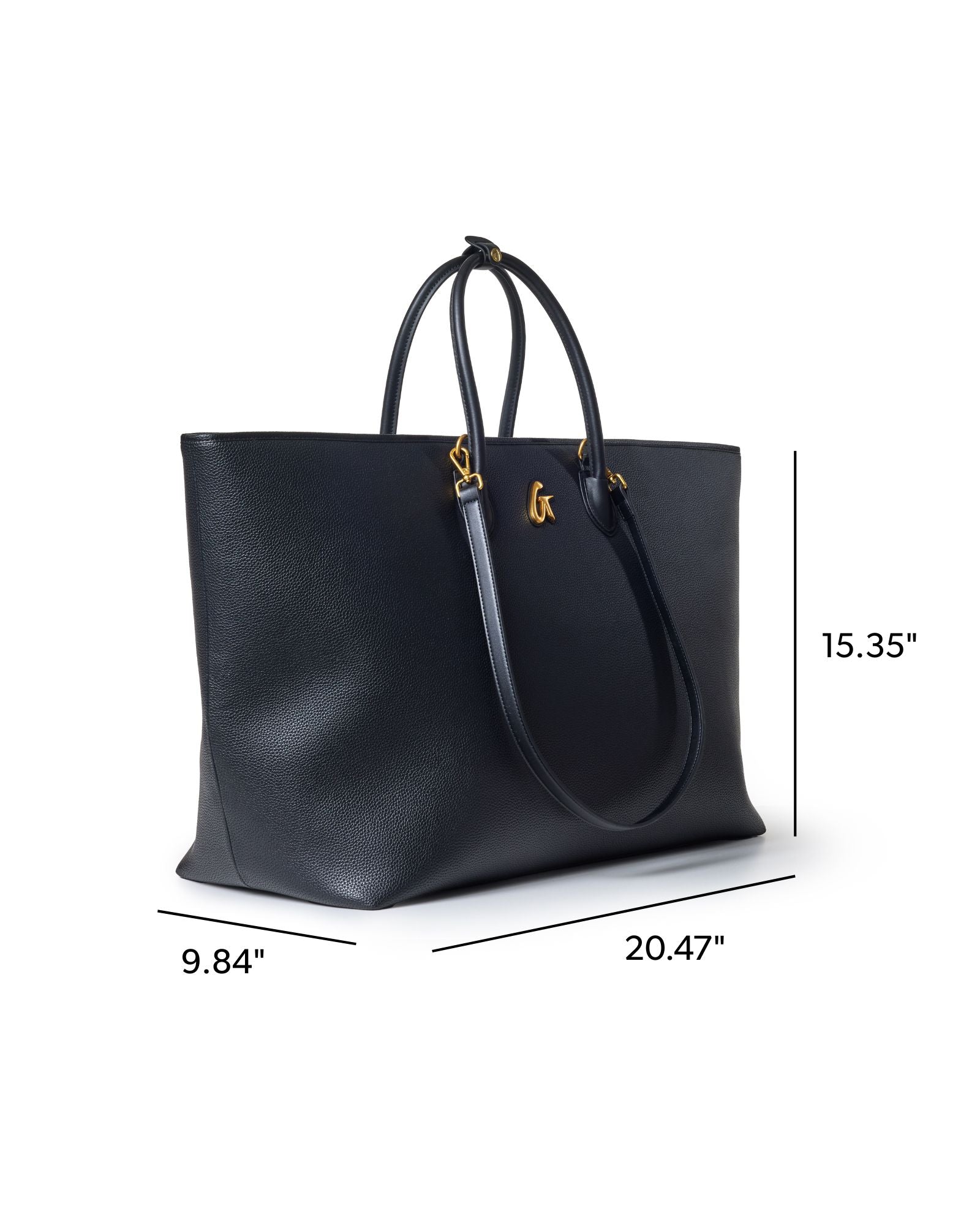Spacious black pebble tote bag with gold-tone hardware, perfect for stylish everyday use. Dimensions: 20.47 x 15.35 x 9.84 inches.