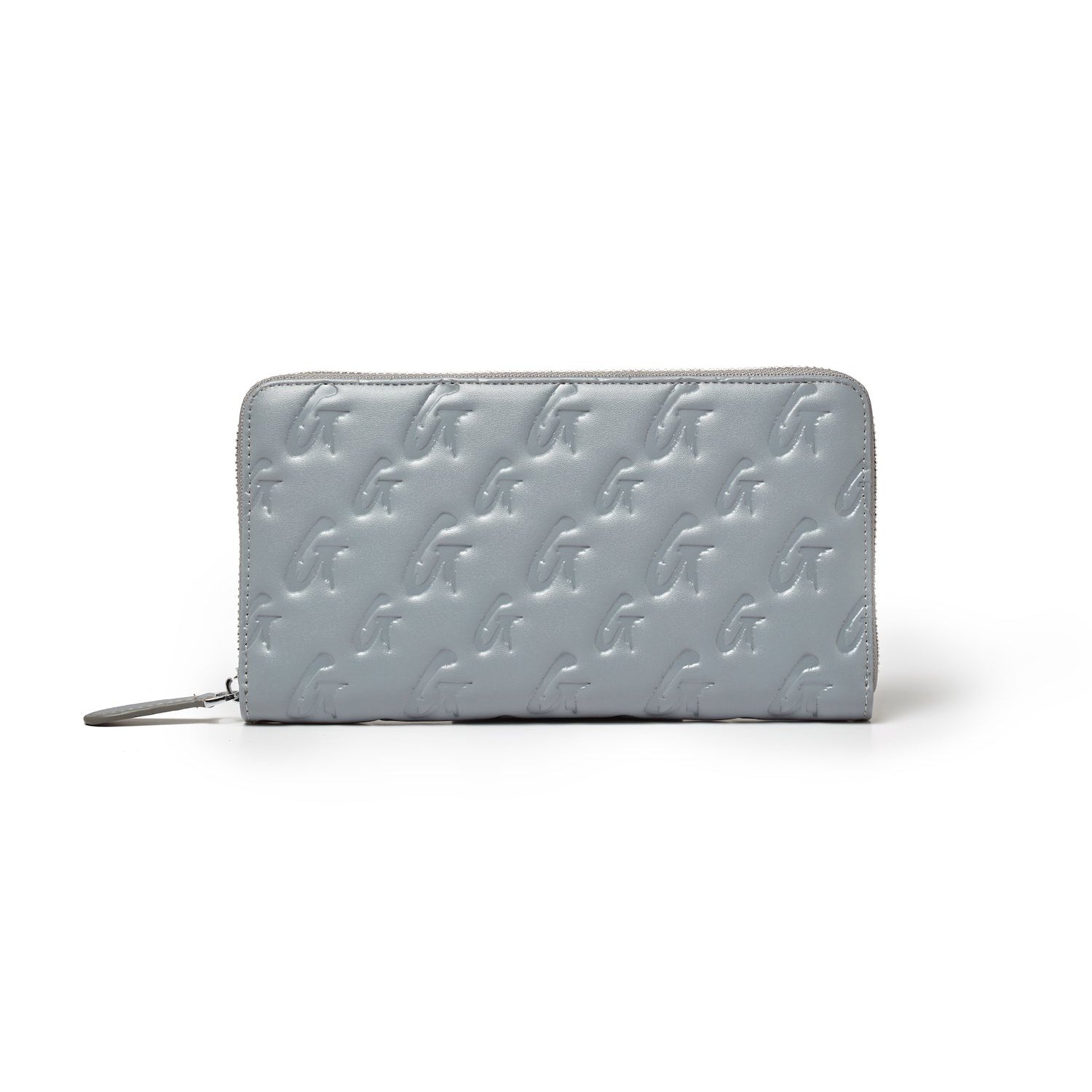 Gray jumbo monogram wallet with embossed G pattern, zipper closure, and wrist strap on a white background.